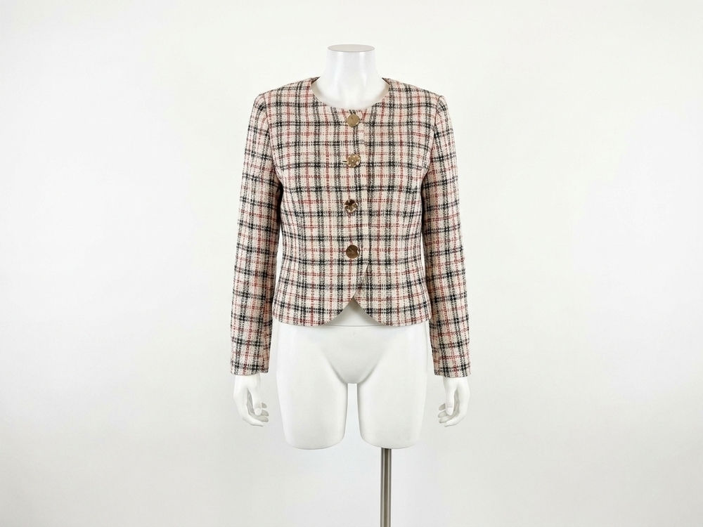 NEW CENTRAL PARK WEST women's collarless plaid jacket in black,red, cream
